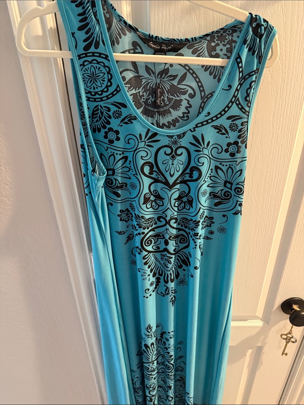 Charlie Paige Turquoise Maxi Dress with Black Ornate Print
